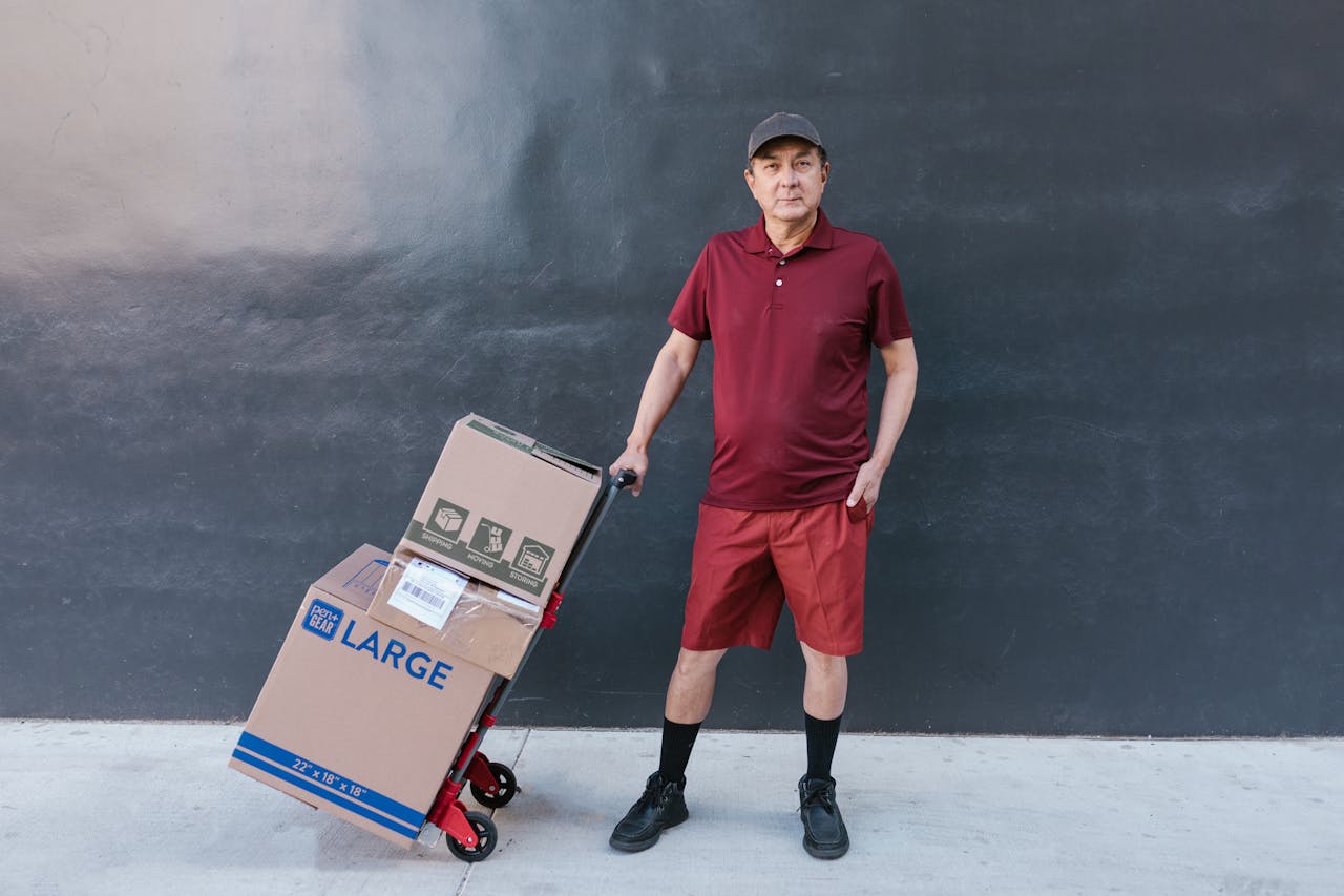 Courier in uniform standing with a trolley of boxes against an urban wall.